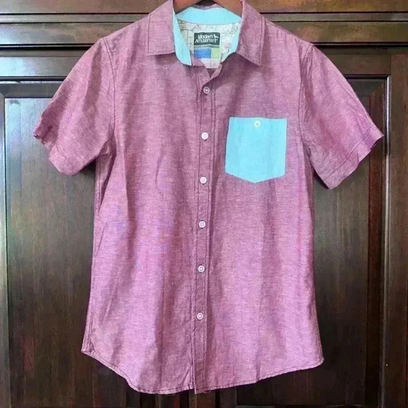 Modern Amusement Men’s Button Down Short Sleeve Shirt( S )Burgundy & Blue - Picture 1 of 8